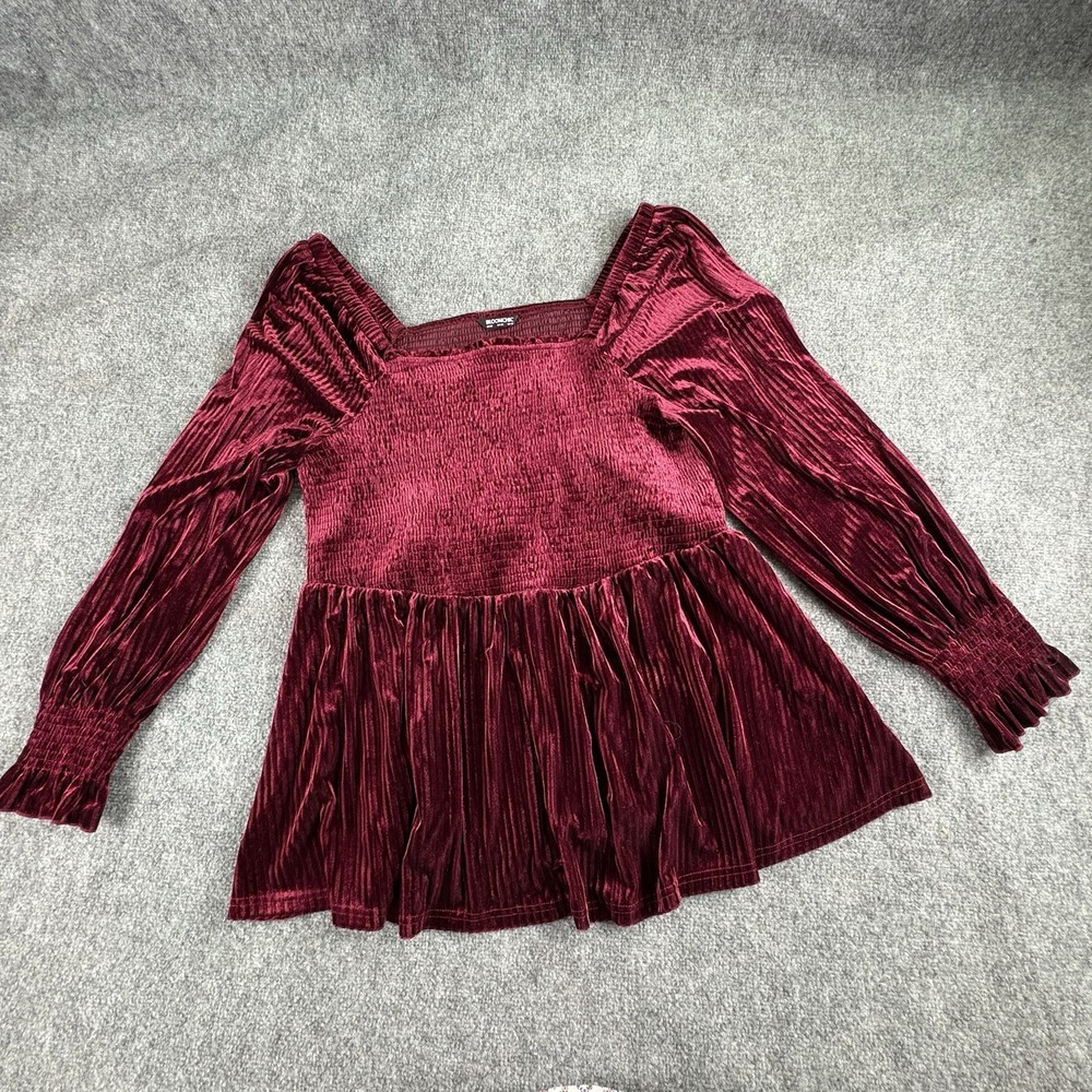 BloomChic Burgundy Velvet Peplum Long Sleeve Blouse